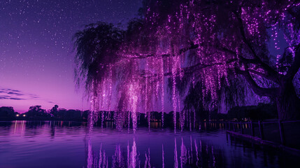 A Purple Glowing Weeping Willow Tree Viewed at Night Reflected by Water