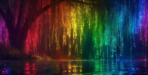 A Rainbow-Color Glowing Weeping Willow Tree Viewed at Night Reflected by Water