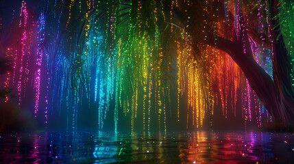 A Rainbow-Color Glowing Weeping Willow Tree Viewed at Night Reflected by Water - obrazy, fototapety, plakaty