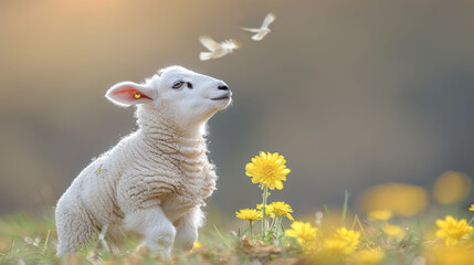   A white lamb in a yellow flower field, a small bird flies overhead