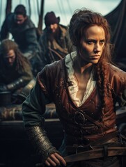 Fototapeta premium Bold female viking: a glimpse into the fierce world of Nordic shieldmaidens, showcasing strength, bravery, and the untold stories of Viking warrior women in the pages of history and myth.
