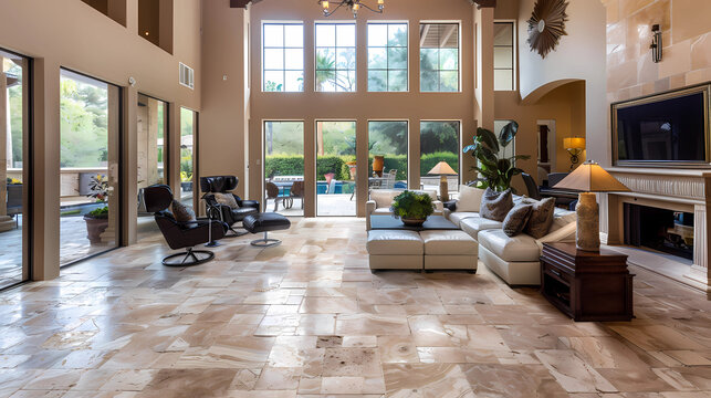 Travertine Flooring - Italy - Formed by mineral deposits from hot springs, characterized by its porous surface and natural pits and voids, often used in luxury interiors