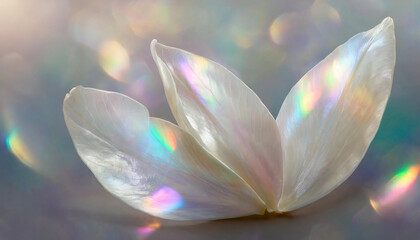 Iridescent mother of pearl petals against the bright and shimmering background