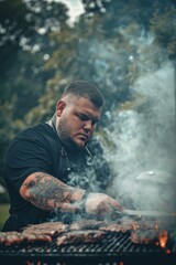 A man with tattoos cooking on a grill with smoke. Generative AI.