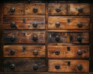 A close up of a wooden chest with many drawers. Generative AI.