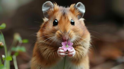   A hamster tightly clutches a flower in its mouth, gazing intently at the camera Background subtly out of focus