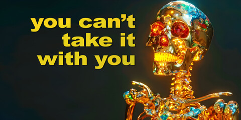 All that wealth, you can't take it with you, spend it while you can - a golden skeleton with gleaming gold teeth encrusted with faceted jewels on a black background beside the words you can't take it  - 780916775