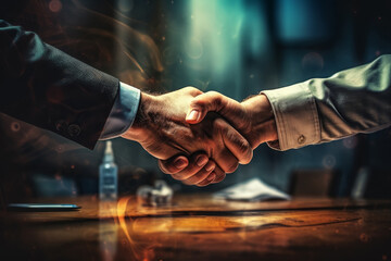 Business handshake in the office with a digitalized corporate background
