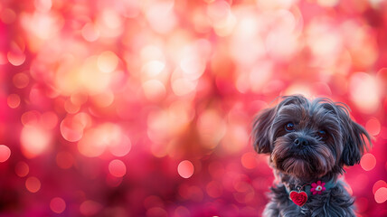 A charming Shih Tzu pup with a glossy coat, sporting a daisy collar, with a romantic hearts bokeh effect on a soft burgundy background