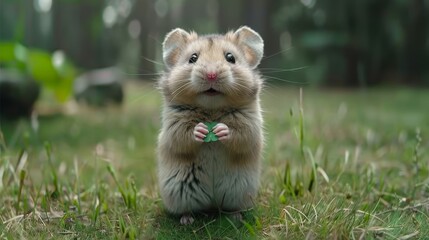 Naklejka na ściany i meble A small hamster on grass, hind legs upright, front paws down, gazing at the camera