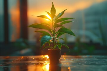 Young plant in morning light symbolizing new beginnings and sustainable living. Concept New Beginnings, Sustainable Living, Morning Light, Young Plant, Symbolism - obrazy, fototapety, plakaty