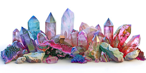 Crystals have beautiful natural energy just sit with them and feel the vibes - a row of different terminated and raw crystal specimens in blue, pink, clear isolated on a white background
