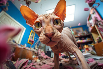 Sphynx cat with wide-eyed curiosity causing a mess in living room