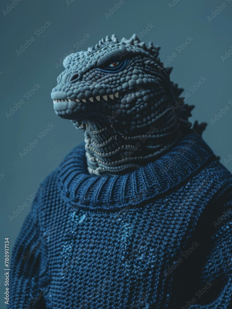 Canvas Prints A close-up of an iguana figure wearing a sweater. Generative AI.