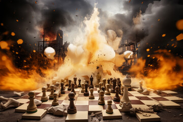 Dramatic chess war scene with explosions and debris on a chessboard cityscape - obrazy, fototapety, plakaty