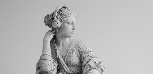 A statue of a woman with headphones on her head. Generative AI.