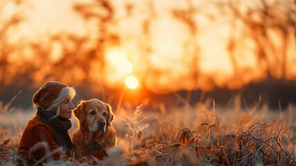 A heartfelt embrace between a woman and her aging Labrador in the glowing light of a setting sun,...