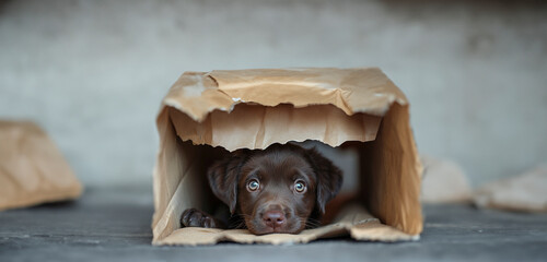 A playful chocolate Labrador puppy with bright eyes curiously peeking through a jagged hole in a...