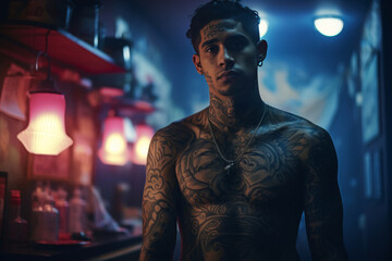 Fototapeta na wymiar Tattooed man with neck and face tattoos in a bar with ambient colored lighting