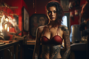 Obraz na płótnie Canvas Tattooed woman in a tank top standing in a bar with warm ambient lighting