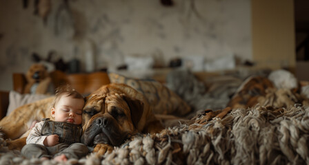 A serene nursery room scene with a gentle baby in overalls sitting next to a snoozing large Mastiff, bathed in soft light