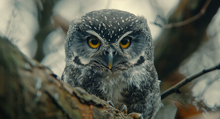  A tight shot of an owl perched on a tree branch, its yellow eyes gleaming intently