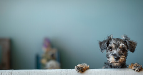 A small, inquisitive grey Schnauzer puppy peeking through a white foam board with a single paw...