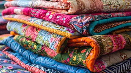 A stack of colorful quilts - obrazy, fototapety, plakaty