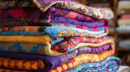 A stack of colorful quilts - obrazy, fototapety, plakaty