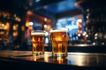 Two pint glasses of beer on a bar counter with a warm ambient pub atmosphere - obrazy, fototapety, plakaty