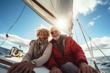 Senior couple enjoying a sailboat trip, luxury retirement lifestyle concept.