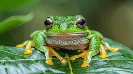 Fototapeta premium A frog up-close on a green leaf against blurred background of intermingled foliage