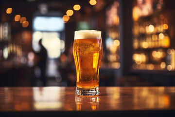 Full glass of craft beer on bar counter with bokeh lights in background - obrazy, fototapety, plakaty
