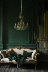Cozy vintage interior with green sofa and throw