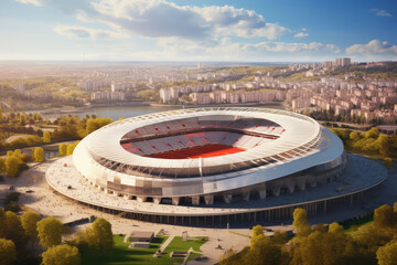 Aerial view of a football stadium with seats and a pitch, surrounded by trees and urban landscape