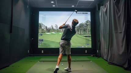 Golfer playing golf in indoor simulator Mixed media - obrazy, fototapety, plakaty