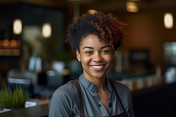 Portrait of cheerful Afro-American woman with curly hair in professional attire