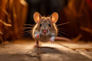 A curious mouse in mid-movement running towards the camera on a wooden surface
