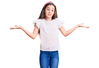Cute hispanic child girl wearing casual white tshirt clueless and confused expression with arms and hands raised. doubt concept.