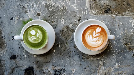 Matcha, green tea latte in a cup. Grey stone concrete background. Top view. copyspace. A cup of green tea matcha latte and cup of latte art coffee