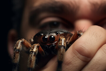 Close-up of a large spider being gently held in a person's fingers
