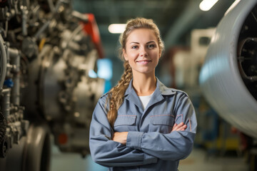 Confident female aircraft engineer in front of jet engine.