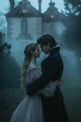 Young lovers in a misty victorian estate setting