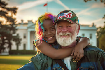 Happy patriotic republican white army veteran wearing USA flag baseball hat with black granddaughter wearing rainbow color hair - obrazy, fototapety, plakaty