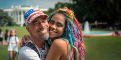 Conservative republican white man hugging liberal democrat LGBT woman with rainbow color hair, white house with copy space in background