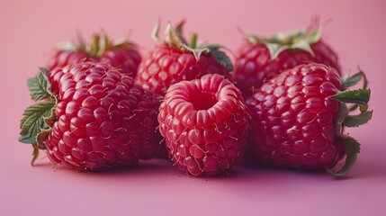   A tight shot of ripe raspberries against a pink backdrop, with a verdant leaf hovering atop
