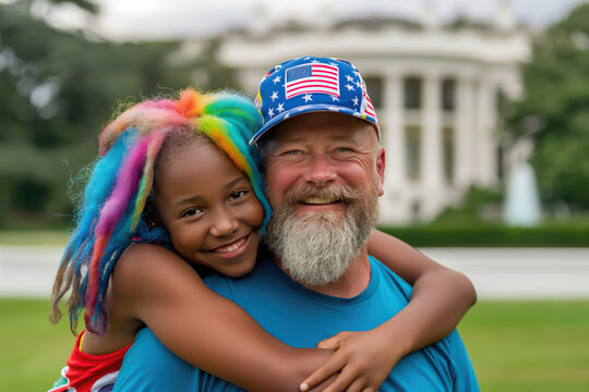 Happy conservative republican white grandfather wearing USA flag baseball hat with black granddaughter wearing rainbow color hair