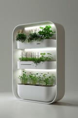 Modern indoor hydroponic system growing fresh herbs and microgreens on shelves with LED lights. Smart garden for sustainable urban home farming.