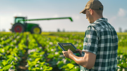 Farmer at a plantation field looking at a eletronic tablet