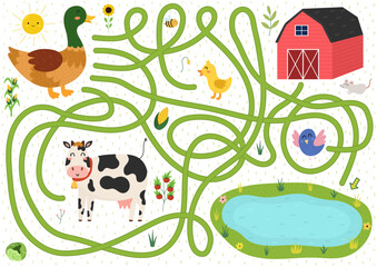 Help the duck to find a way to the pond. Farm maze activity for kids. Mini game for school and preschool. Vector illustration - 780919741